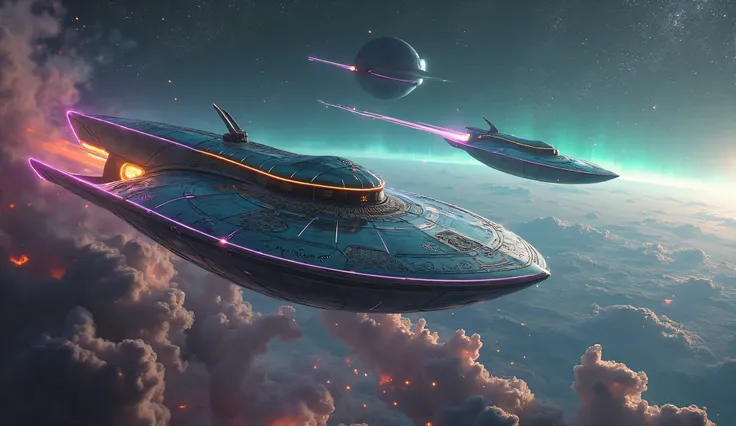 Create a stunning digital artwork of extraterrestrial spaceships soaring through a cosmic expanse. Three sleek, alien vessels dominate the scene, their hulls crafted from a gleaming, iridescent metal—shifting hues of teal, violet, and silver. The lead ship...