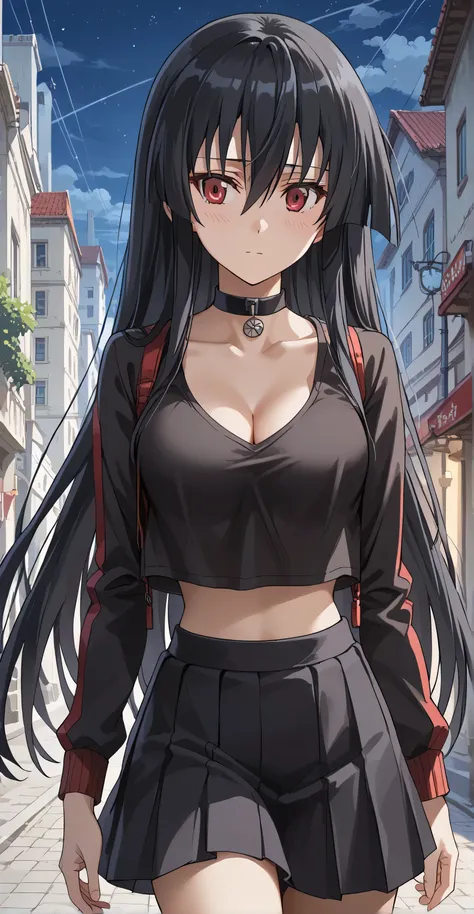 ((Random porn pose)), score_9, score_8_up, score_7_up, source_anime,
agkakame, akame, long hair, black hair, red eyes, hair between eyes,,masterpiece,best quality, medium breasts, ((Black Shirts, Crop top overhang, Skirts, choker, cleavage)), Walking, Stre...