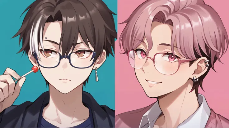 2 boys together, couple. 
First boy: a young man with medium pink hair and some white highlights, UP TO THE NECK, piercings na orelha, hot pink eyes, short clothing. the pink, red and orange are colors present in her sexy and short outfit, next to a pair o...