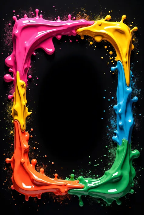 Generate a 4K HD Holi frame on a black background using abstract art techniques. Show bold, swirling patterns of Holi colors (pink, yellow, green, and blue) with a glossy, liquid effect. Add subtle hints of flower petals and splashes for a festive touch. T...