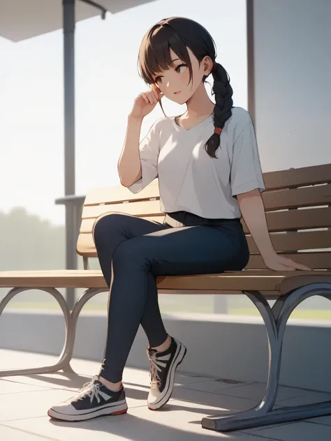 score_9, score_8_ up, score_7_ up, score_6_ up, score_5_ up, score_4_ up,  source_anime ，nsfw， uncorrected，Create another young girl showing her full body in realistic style, she's sitting on a bench、looking to the right and waiting for someone, she has a ...