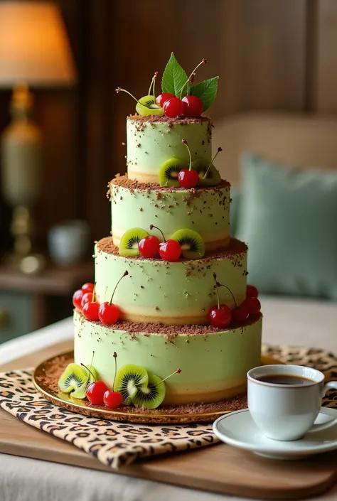 On the nightstand next to the bed is a beautiful creamy pistachio five-tiered large cake decorated with kiwi cherries, next to a white coffee cup is leopard print linens.