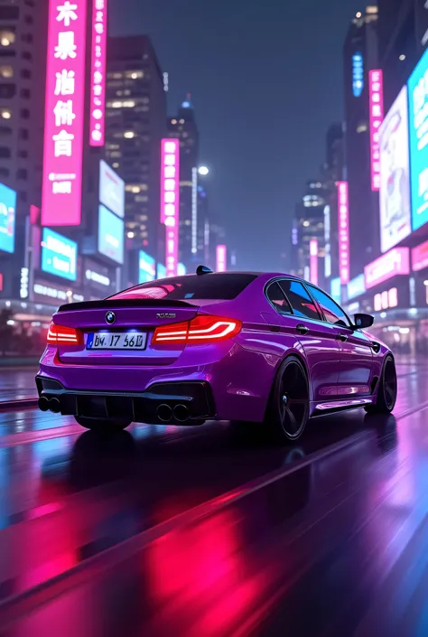 BMW M5 f90 in city futuristic neon purple lights foto in rear 