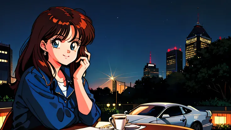 illustration, high resolution, masterpiece, accurate, has won numerous awards, high quality, 4K,80s style drawing,Cafe、Stylish、 coffee、夜のCafe、beautiful、Attractive、 calm atmosphere、City、 sports car