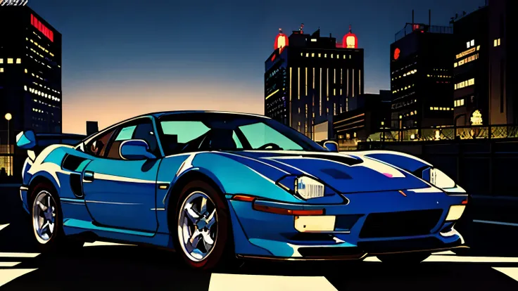 illustration, high resolution, masterpiece, accurate, has won numerous awards, high quality, 4K,80s style drawing,Cafe、Stylish、 coffee、夜のCafe、beautiful、Attractive、I'm not facing the camera 、 calm atmosphere、City、 sports car