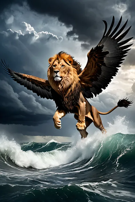 lion with two eagle wings on its back flying over the waters of a rough sea, Cloudy and stormy sky