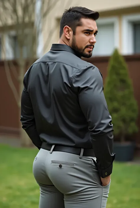  Realistic photograph , 35-year-old muscular (((athletic man))) , , view From below, nalgon in profile, stripe dark gray formal shirt and very tight light gray trousers, brown belt, in profile, Big butt, viendo a cámara,  black eyes, in the yard, sexy man,...