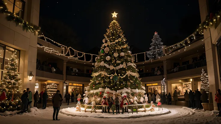 Giant Christmas tree, surrounded by nutcrackers,with luminous reindeer, Christmas tree with warm lights, in a warm family environment with people admiring the decor