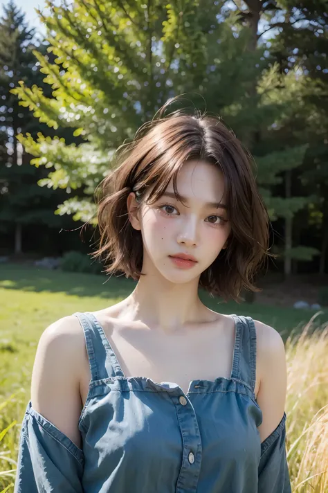 4k realistic, 25 years old, girl, grass, nature, messy hair, short hair