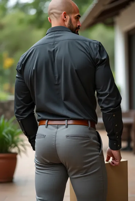 Fotografía realista, 35-year-old bald muscular (((atletic man))) , , View from below, nalgon de perfil, stripe dark gray formal shirt and very tight light gray trousers, brown belt, de perfil, Big butt, viendo a cámara, ojos negros, en el patio, hombre sex...