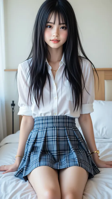 alone、natural body shape、 white skin、 natural cosmetic 、 black hair、bangs、 long straight hair、、(expensive 、bare feet、 white blouse 、 blue plaid pleated skirt covering white pants)、、( opens her legs:1.3)、(( is in uniform on her upper body ))、(((...