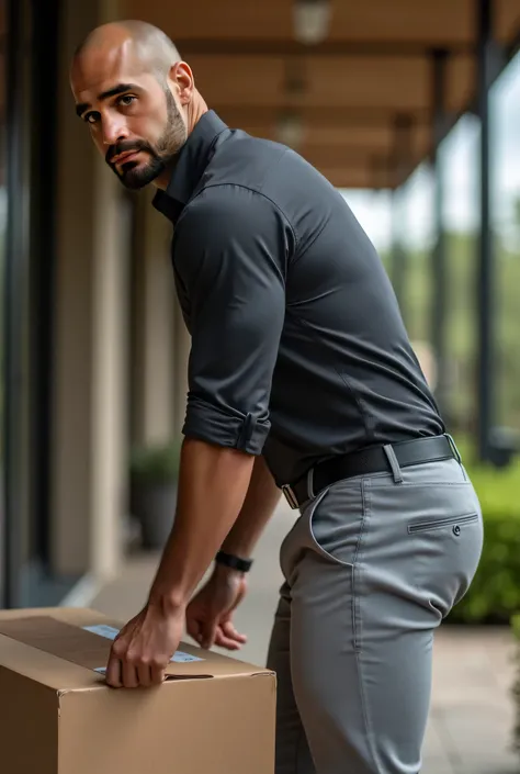 Fotografía realista, 35-year-old bald muscular (((atletic man))) , , View from below, nalgon de perfil, stripe dark gray formal shirt and very tight light gray trousers, brown belt, de perfil, Big butt, viendo a cámara, ojos negros, en el patio, hombre sex...