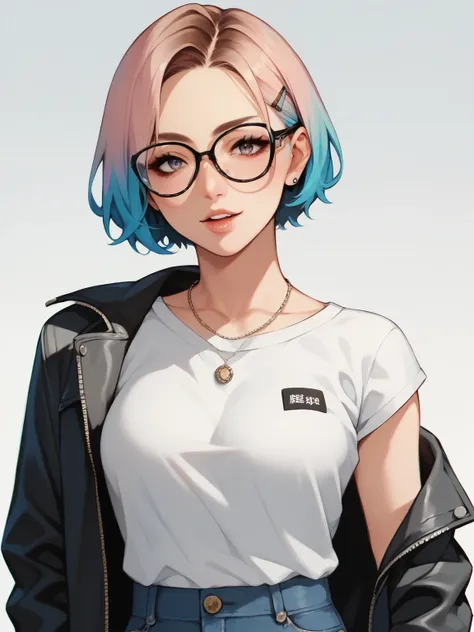 score_9,  score_8_  up,  score_7_  up,  score_6_  up,  score_5_  up, _ anime，nsfw， uncorrected，appearance:  Short, colored hair  (change color according to the stages of life), wear stylish glasses、always wear cool and comfortable clothes， small tits，