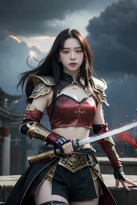 color splattered ink style,splash ink,splash art,Vibrant color splattered ink style, portrait of an intricately armored oriental Chinese swordswoman, her piercing gaze intense beneath a crimson moon, amidst dark, ominous clouds, clad in ornate black armor ...