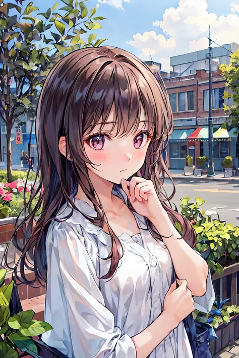 (masterpiece), Best Quality, cute girl leaning against a wall wearing a cropped shirt, is embarrassing, Intimate moments, クロップドシャツを着た,  Look Down, High Angle, close, embarrassed expression, beautiful, Cute Image