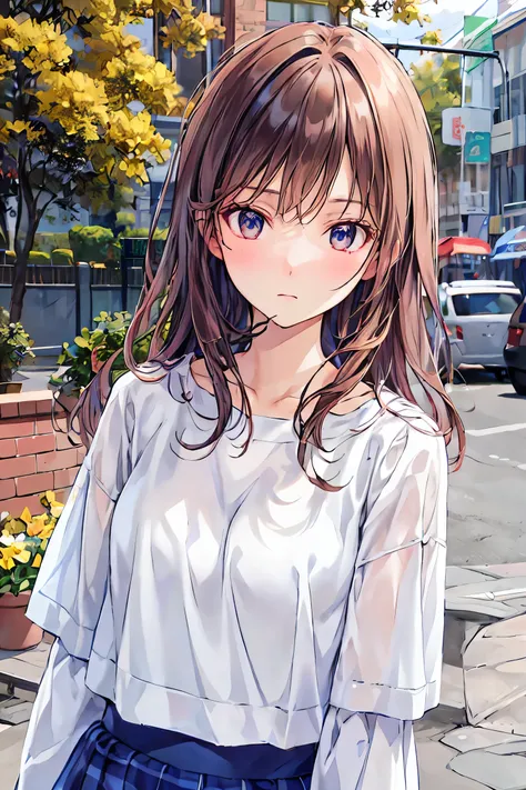 (masterpiece), Best Quality, cute girl leaning against a wall wearing a cropped shirt, is embarrassing, Intimate moments, クロップドシャツを着た,  Look Down, High Angle, close, embarrassed expression, beautiful, Cute Image