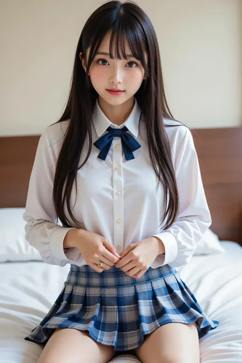 alone、natural body shape、   white skin、  natural cosmetic  、    black hair、bangs、  long straight hair、、(expensive  、bare feet、  white blouse 、  blue plaid pleated skirt covering white pants)、、(  opens her legs:1.3)、(( is in uniform on her upper body ))、(((...