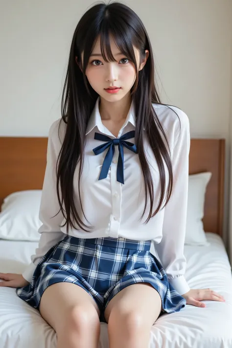 alone、natural body shape、   white skin、  natural cosmetic  、    black hair、bangs、  long straight hair、、(expensive  、bare feet、  white blouse 、  blue plaid pleated skirt covering white pants)、、(  opens her legs:1.3)、(( is in uniform on her upper body ))、(((...