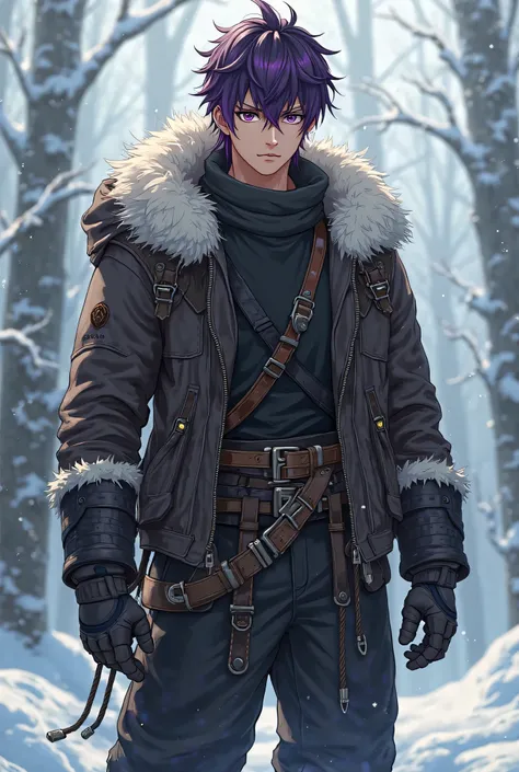  Anime boy, Monster Hunter style ,Dark brown hair with purple tips,short hair on the sides and longer on the top, violet eyes ,  muscular , long black pants ,  black shirt,furry leather winter clothes