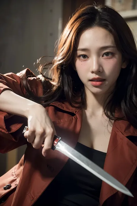 (best quality,4k,8k,highres,masterpiece:1.2),ultra-detailed,(realistic,photorealistic,photo-realistic:1.37),war,slaughter,abundant bloodstains,close-up shot,lady,long sword,gun,trench coat,beautiful face,sharp gaze,delicate,detailed,2.5D,grand,determined w...