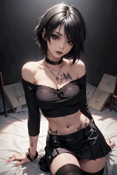 Girl, woman, emo_hairstyle, black lipstick, dog collar, necklace, eyeliner, eye shadow, smoky eyes, realistic lighting, tattoos, body writing, short hair, shiny skin, big breast, off shoulder midriff, sleeveless, short skirt, thighhighs. 