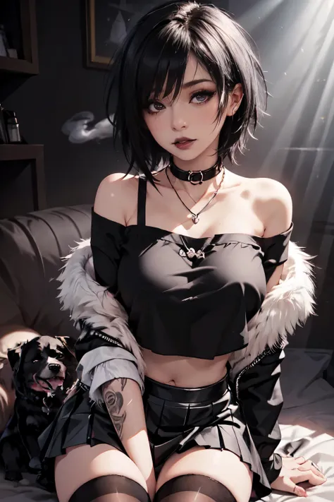 Girl, woman, emo_hairstyle, black lipstick, dog collar, necklace, eyeliner, eye shadow, smoky eyes, realistic lighting, tattoos, body writing, short hair, shiny skin, big breast, off shoulder midriff, crop top, sleeveless, short skirt, thighhighs. 