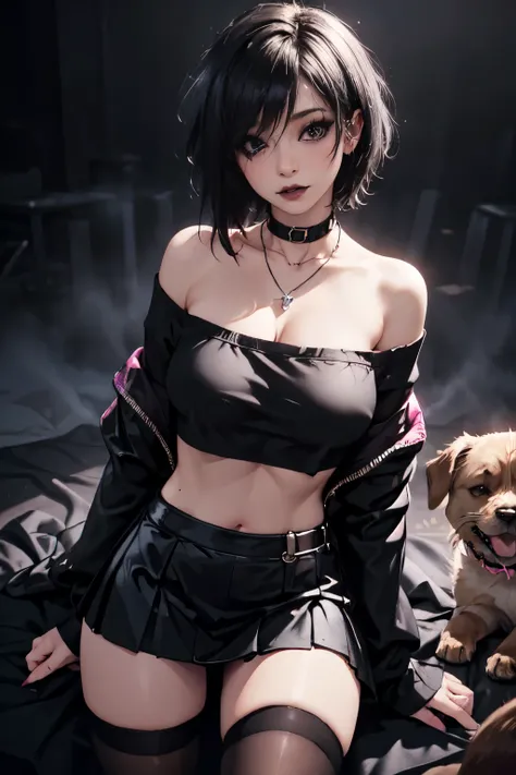 Girl, woman, emo_hairstyle, black lipstick, dog collar, necklace, eyeliner, eye shadow, smoky eyes, realistic lighting, tattoos, body writing, short hair, shiny skin, big breast, off shoulder midriff, crop top, sleeveless, short skirt, thighhighs. 