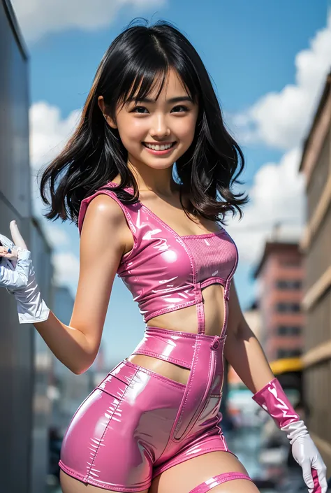 （8k、Raw       photos y、最  high quality、masterpiece：1.2),(   black hair、 dark eyes:1.8),(     Pink Ranger、  pink latex bodysuit、Heroine Costume   :1.3)、  viewer,     front view,(pink latex gloves:1.3)、(  thin waist:1.6)、( バストラインを強調する Pink Rangerのコスチューム :1.4...