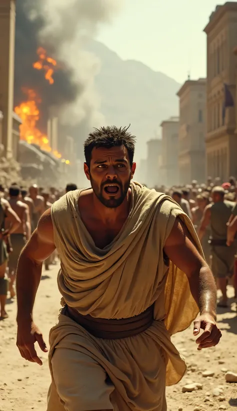 4. The Race for Survival

Image description:
The streets of Pompeii are in complete chaos. The main character runs desperately, his tunic covered in ash and dust. His face is streaked with sweat and soot, eyes wide with terror. Behind him, buildings are co...