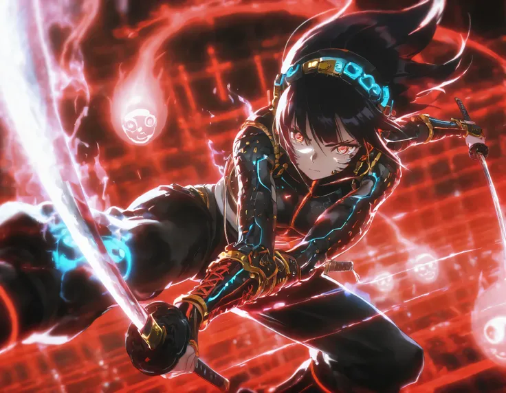 1girl,((cyber samurai)), dynamic angle, dynamic view, katana, ancient, spirit, cinematography, cinematic, middle shot,(detailed face and eyes),