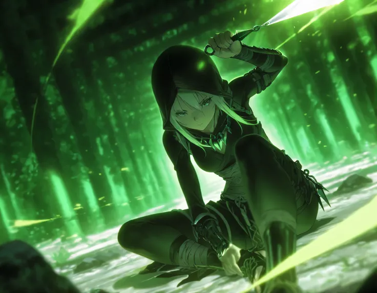 1girl,(detailed face and eyes), sitting, dynamic angle, dynamic view,kunai, cinematic, cinematography, masterpiece,(ancient assassin), middle shot, green theme,