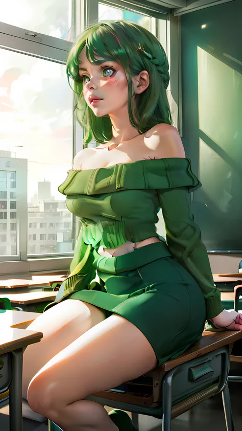 (masterpiece, best quality), 1girl, Vannamelon, indoors, classroom, seated, green eyes, green hair, long hair, green off shoulder sweater, green pencil skirt, red and green platforms