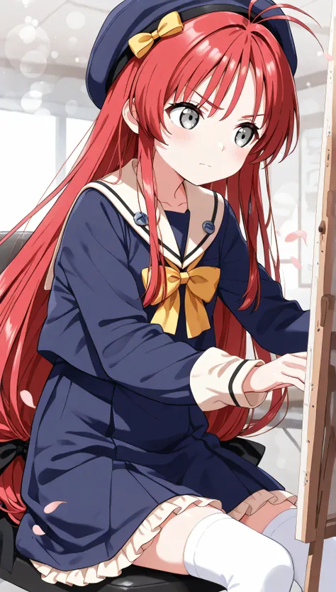  Watanabe Mingfu,loli,looking away, looking for canvas、form side,  bokeh processing:1.3、art room、canvas riding an easel,  woman sitting in a chair at the office, A woman drawing a picture with a serious expression、I'm drawing a picture with a brush in my h...