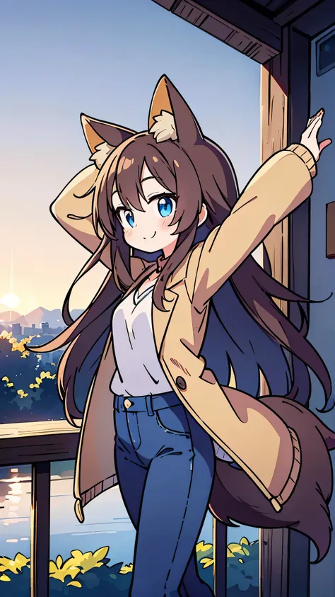     anime style、 cute face、 woman、 fox ears、Tail、brown hair、 blue eyes、 long hair、 beige jacket  、jeans、smile、Looking out into the distance、profile in landscape orientation from、I'm raising one arm up