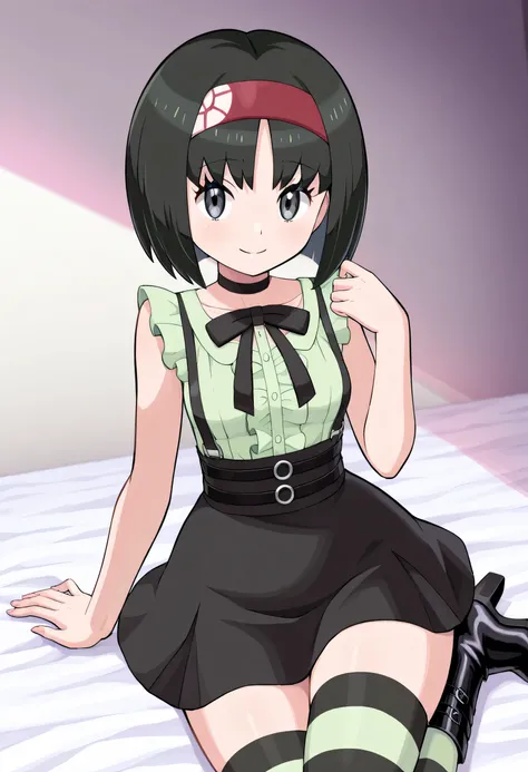 Erika_(pokemon), 1girl, solo, bob_cut, short_hair, black_hair, parted_bangs, hairband, red_hairband, grey_eyes, eyelashes, smile, seductive_smile, jirai_kei, shirt, green_shirt, frilled_shirt, sleeveless_shirt, sleeveless, center_frills, bow, bowtie, black...