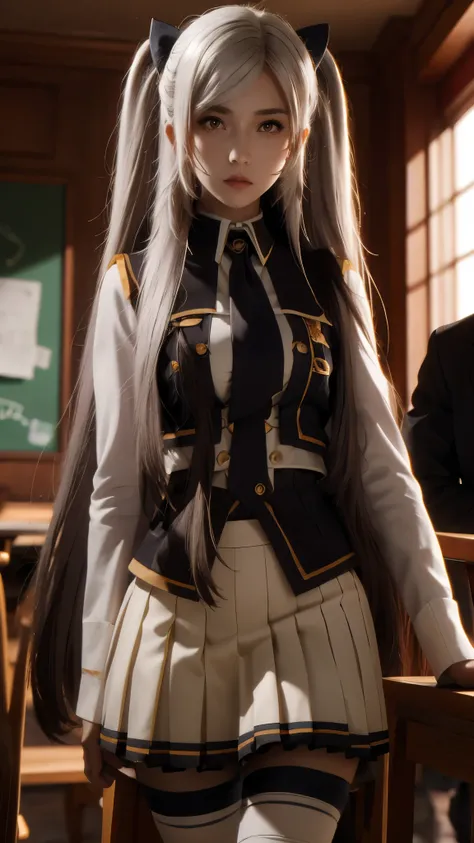 best quality, masterprice, 1girl, (solo:1.1), raytracing, ultra detailed,detailed face, 8k wallpaper, alexia_olis, 1girl, solo, school uniform, pleated skirt, white thighhighs