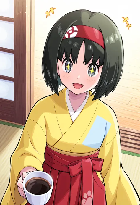 Erika_(pokemon), 1girl, solo, bob_cut, short_hair, black_hair, parted_bangs, hairband, red_hairband, grey_eyes, eyelashes, smile, kimono, yellow_kimono, hakama, red_hakama, beautiful_detailed_eyes, sparkling_eyes, determined, excited, +_+, smile, happy, cu...