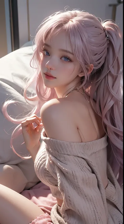 （((on the beds、Woman sleeping face down))）、((posterior view))、（The back  visible）、（Sleeping face down）1 girl, Silver hair, striated hair, bangs, blunt bangs, Long hair, Pink hair, aqua eyes, long eyelashes, Purple eyes, makeup, Smile, Parted lips, realism,...