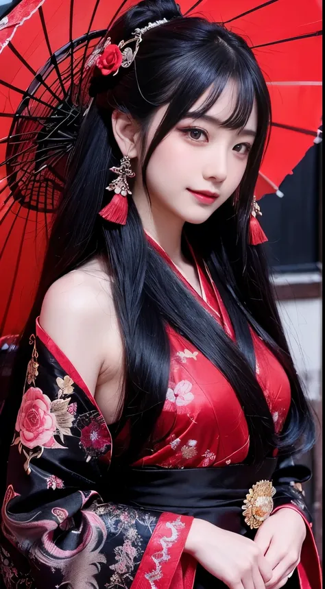 "A mysterious woman with long, flowing silver hair stands elegantly under a large red parasol. She wears an intricate black and red kimono adorned with golden patterns, exuding a regal and enigmatic aura. A black kitsune mask with golden engravings partial...