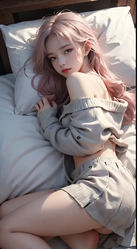 （((on the beds、Woman sleeping face down))）、((posterior view))、（The back  visible）、（Sleeping face down）1 girl, Silver hair, striated hair, bangs, blunt bangs, Long hair, Pink hair, aqua eyes, long eyelashes, Purple eyes, makeup, Smile, Parted lips, realism,...