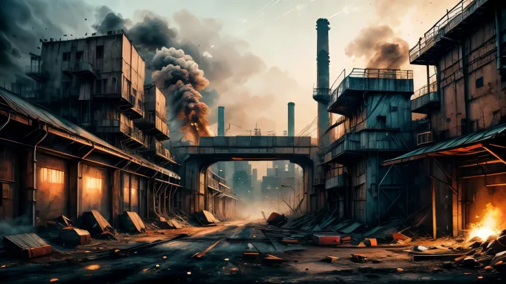 gigantic industry city, blast furnaces, conveyor towers, factories, dirty, used, 8K, HDR, studio lighting, physically-based rendering, extreme detail description, professional, vivid colors, cinematic, gritty, dystopian, cyberpunk, industrial, urban, machi...