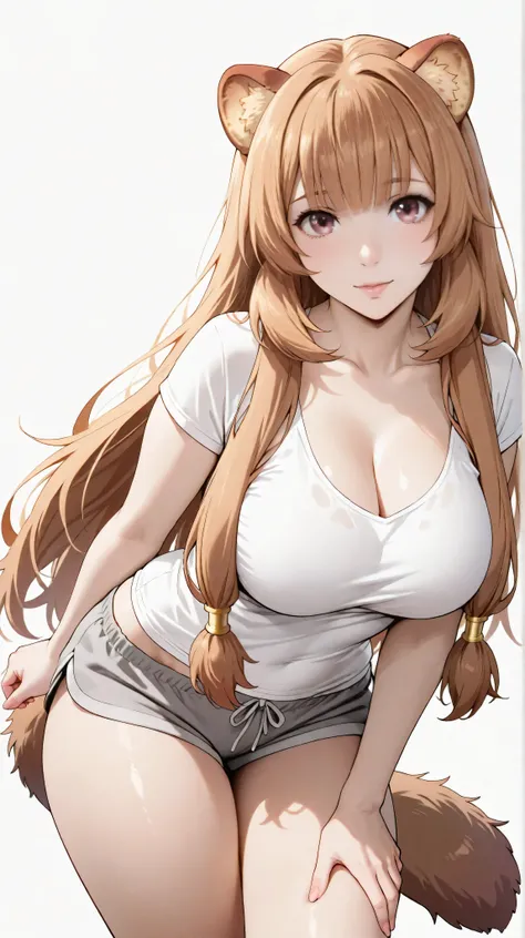 masterpiece, extremely detailed,perfect skin texture,4k,solo,1girl ,((fullbody)),raphtalia,mature,sexy legs,perfect body,large breasts,cleavage,bangs,brown eyes,white t-shirt,grey shorts,housewife, high detailed, best quality, upper body, white plain backg...