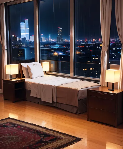 hotel room at night with a large window showing the city at night, rainy night, cyberpunk, Empty bed, Large and spacious room, square carpet on the floor, Illuminated buildings 