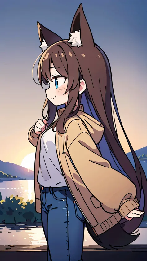     anime style、 cute face、 woman、 fox ears、Tail、brown hair、 blue eyes、 long hair、 beige jacket  、jeans、smile、Looking out into the distance、profile in landscape orientation from、I'm raising one arm up