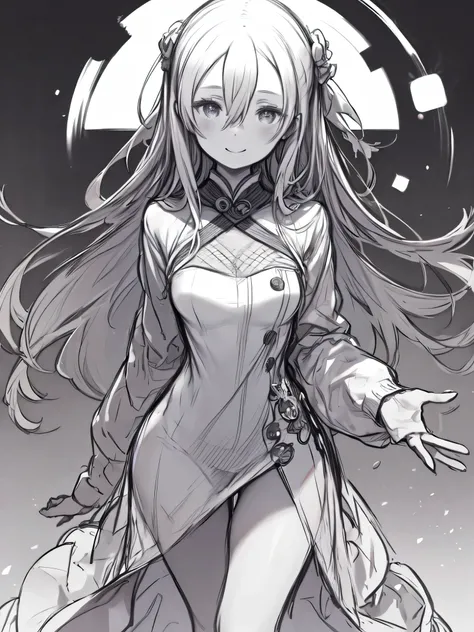 black and white、 Line Art、Sketch、one woman、Stand with your hands between your legs、smile、upper body、hair between eyes、long hair、Thigh Gap、