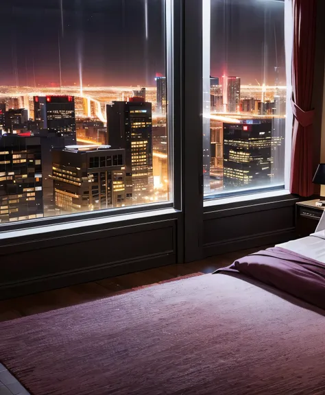 luxury hotel room at night seen from outside with a large window showing the city at night, rainy night, cyberpunk, Empty bed, Large and spacious room, square carpet on the floor, Illuminated buildings 