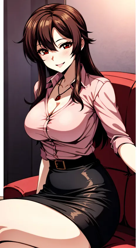 （Ultra High Quality,Ultra High Resolution,16k,super masterpiece,Ultra HD ,detailed shading and background,）One sexy woman,sexy pink shirt,red rose pendant,red pencil skirt,smile,The living room where the sunset shines,sits on the sofa,