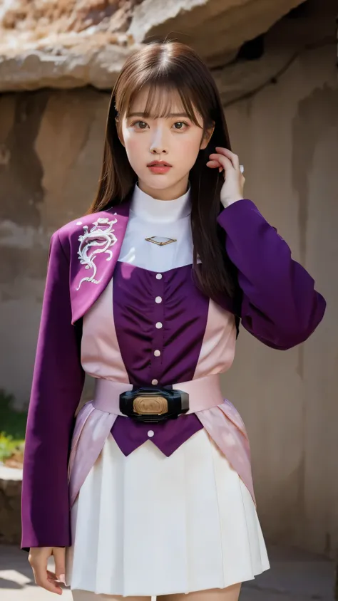 ( High-definition CG),( Best Quality ),(( composition showing the part above the knee)),((Dark cave interior background)),(( 1girl )), perfect face, shiny skin , wide hips , thin waist, purple bolero jacket,((white skirt)), Long Sleeve , pink belt,((brow...