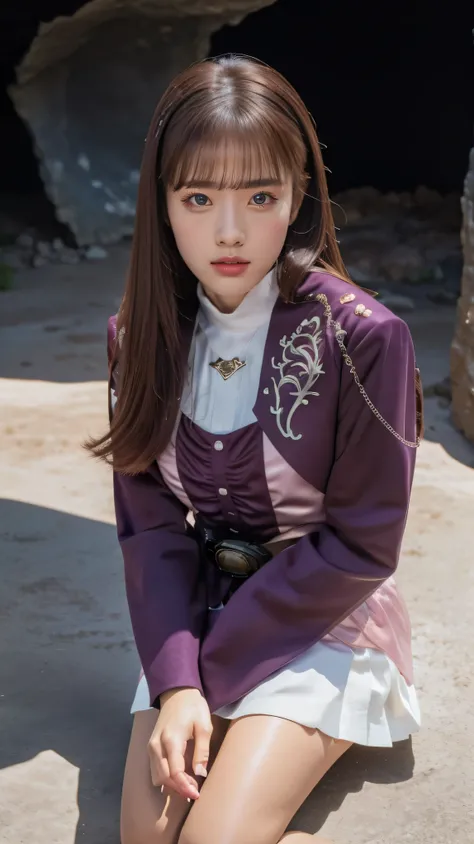 ( High-definition CG),( Best Quality ),(( Composition showing the top from the waist)),(( in a dark cave)),((Viewpoint from directly above)),(( 1girl )), perfect face, shiny skin , wide hips , thin waist, purple bolero jacket,((white skirt)), Long Sleeve  ...