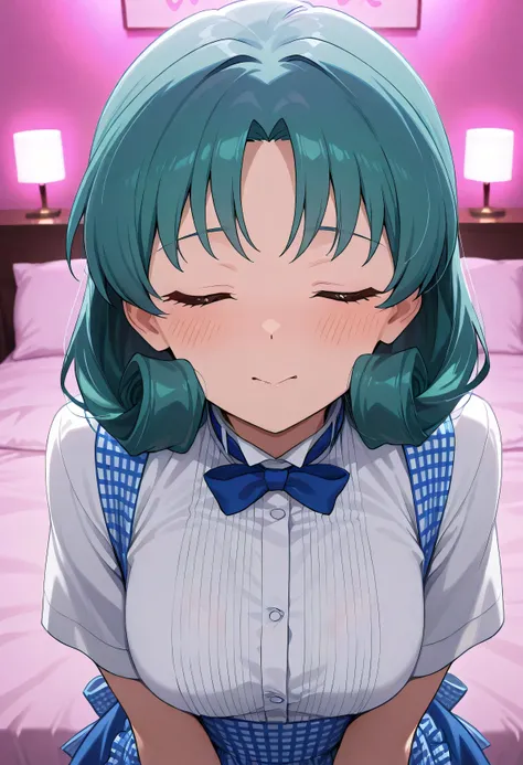 (backlighting:1.5),(extreme close-up:1.5), 1girl ,TokuGawa Matsuri ,Idolmaster Million Live,hotel bed,kobeya uniform,blue bow, blue bowtie, white shirt, short sleeves, blue skirt, Blue apron, gingham apron, employee uniform, high-waist skirt,(beautiful gir...